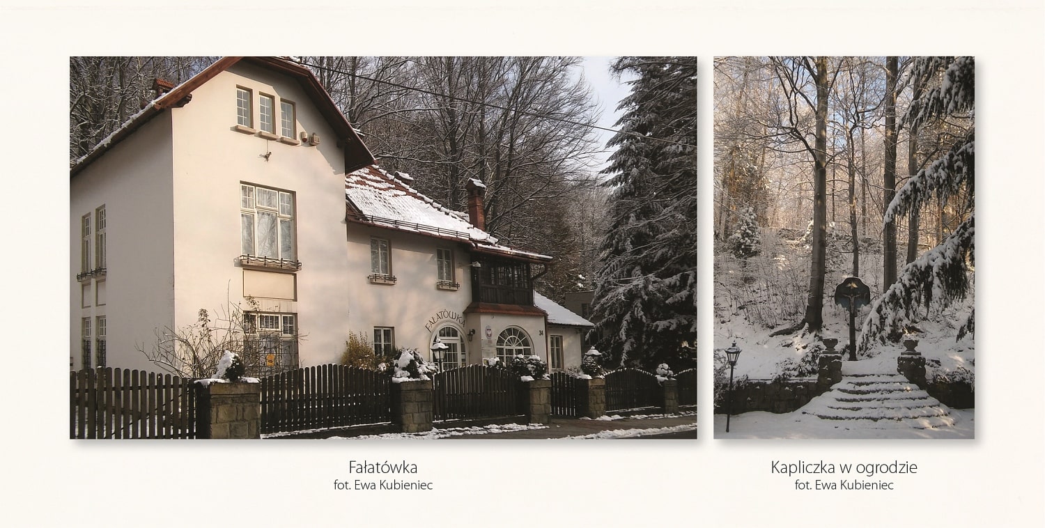 Dwa zimowe zdjęcia: budynek Fałatówki oraz kapliczka obok budynku